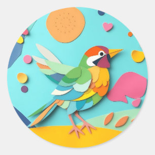 Farbenfrohe Papier Collage Bird Runder Aufkleber