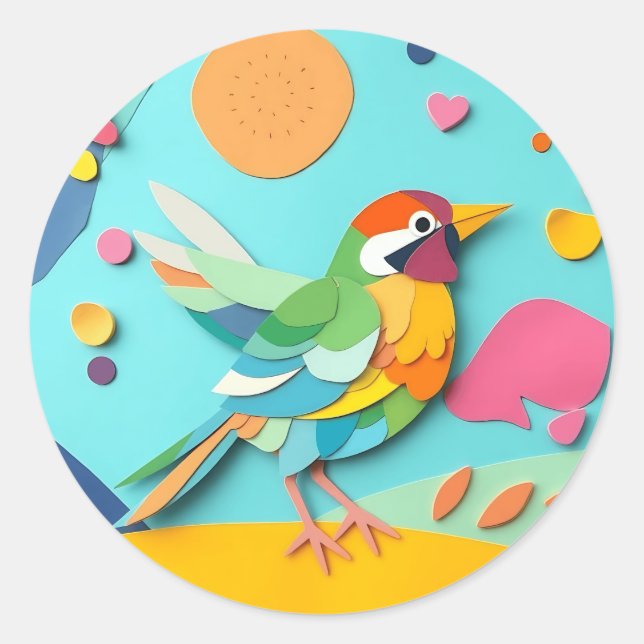Farbenfrohe Papier Collage Bird Runder Aufkleber (Vorderseite)