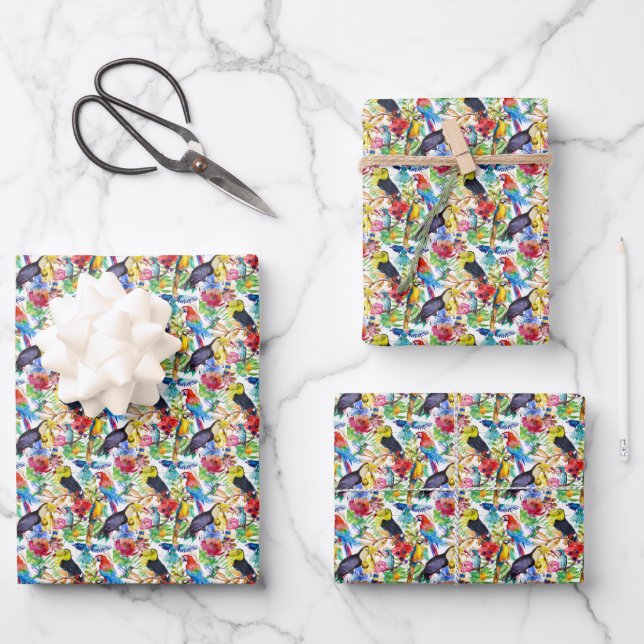 Farbenfrohe Parrosen Geschenkpapier Set (Vorderseite)