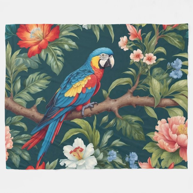 Farbenfrohe Parrot Tropical Dschungel Blätter Fleecedecke (Vorderseite (Horizontal))