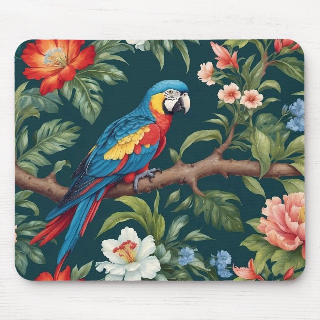 Farbenfrohe Parrot Tropical Dschungel Blätter Mousepad (Vorne)
