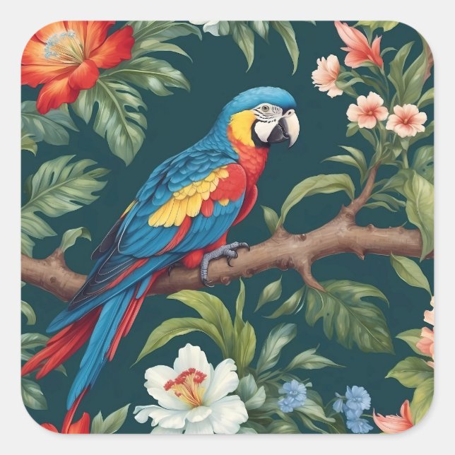 Farbenfrohe Parrot Tropical Dschungel Blätter Quadratischer Aufkleber (Vorderseite)
