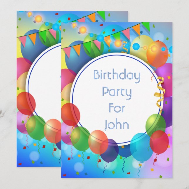 Farbenfrohe Party Balloons Einladung (Vorne/Hinten)