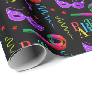 Farbenfrohe Partymasken-Feier-Collage Schwarz Geschenkpapier