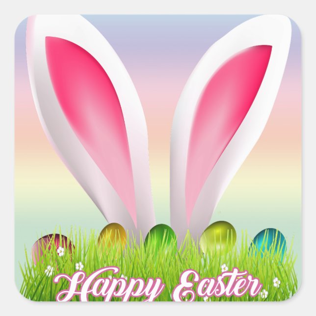 Farbenfrohe Pastel Bunny Ears Happy EASTER Quadratischer Aufkleber (Vorderseite)