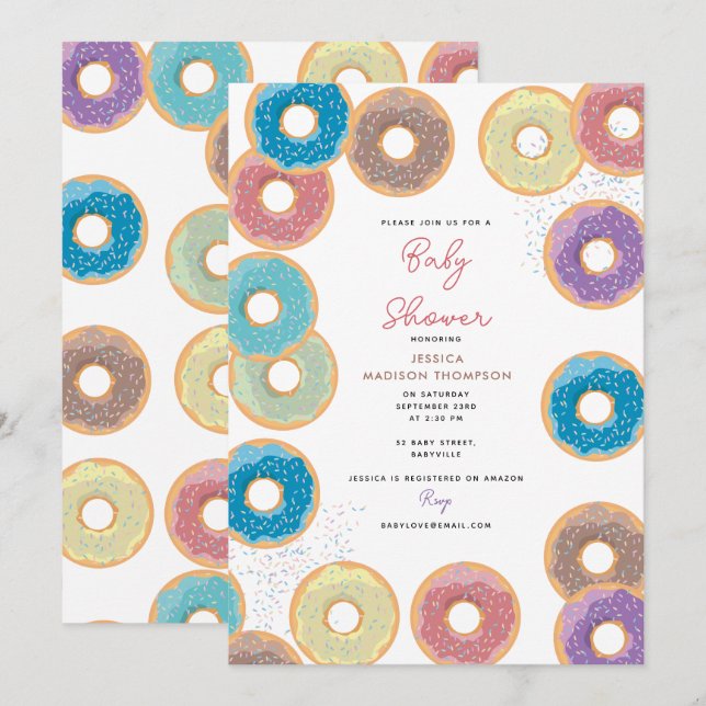 Farbenfrohe Pastel Donuts & Sprinkles Babydusche Einladung (Vorne/Hinten)