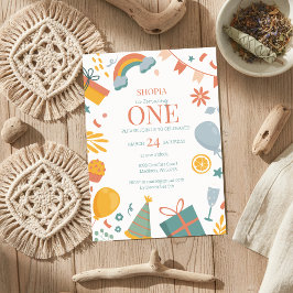 Farbenfrohe Pastel Doodle 1. Geburtstag Einladung