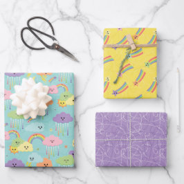 Farbenfrohe Pastel Kawaii Wolken Kinder Geschenkpapier Set