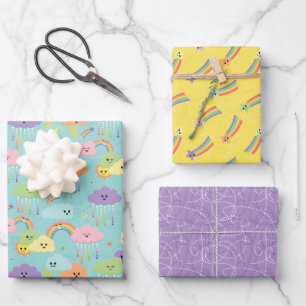 Farbenfrohe Pastel Kawaii Wolken Kinder Geschenkpapier Set
