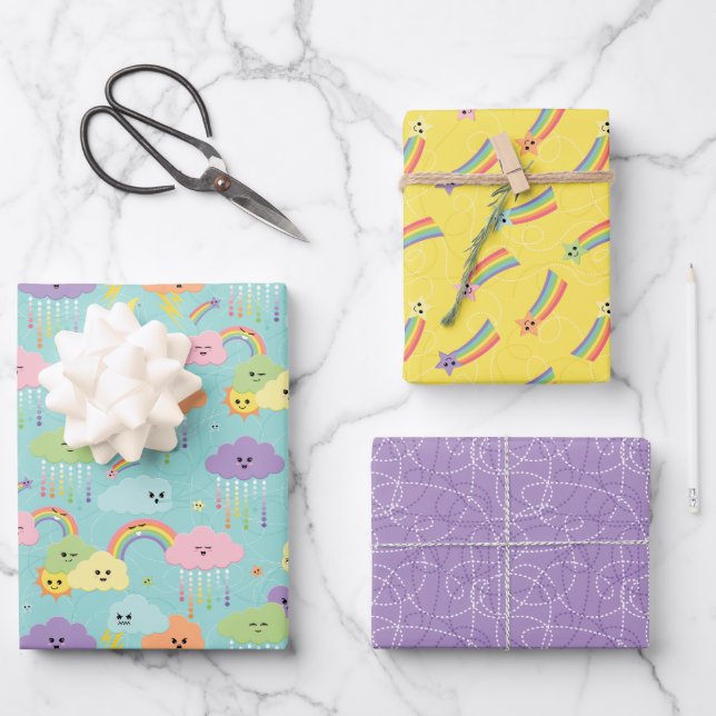 Farbenfrohe Pastel Kawaii Wolken Kinder Geschenkpapier Set (Vorderseite)