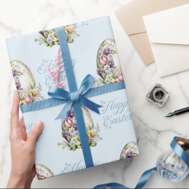 Farbenfrohe Pastel Ostereier Blumenmuster Blau Geschenkpapier (Von Creator hochgeladen)