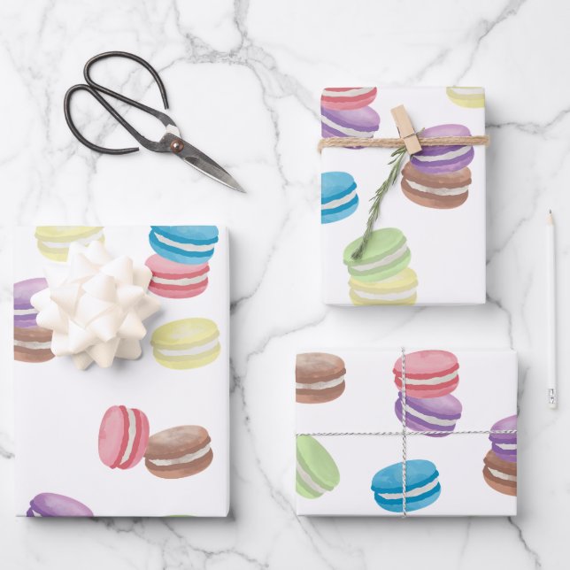 Farbenfrohe Pastel Watercolor Französische Macaron Geschenkpapier Set (Vorderseite)