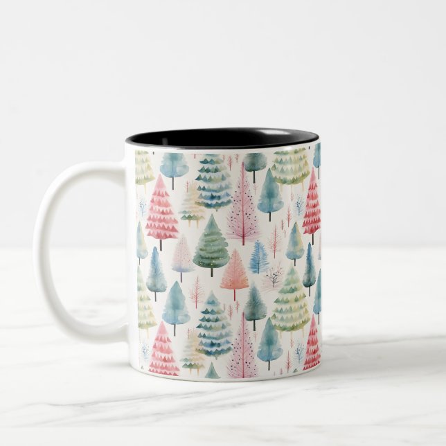 Farbenfrohe Pastel Weihnachtsbaum Muster Zweifarbige Tasse (Links)