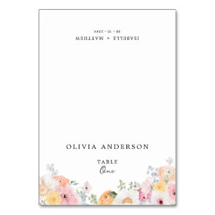 Farbenfrohe Pastell-Blumen-Gästename Tischnummer