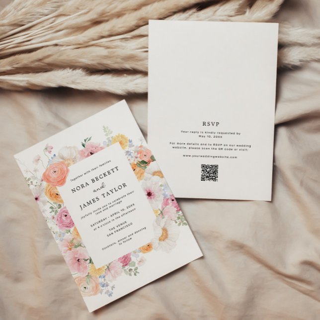 Farbenfrohe Pastell Floral Frame QR Code Hochzeit Einladung (Von Creator hochgeladen)