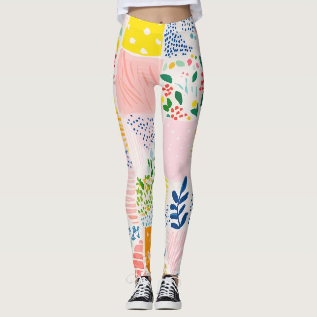 Farbenfrohe Pastell-Patchwork-Preppy Leggings (Vorderseite)