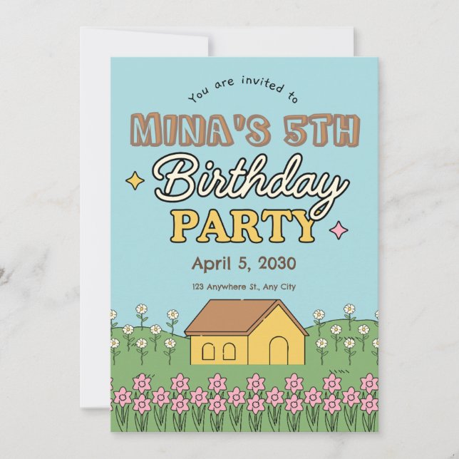 Farbenfrohe Pastelle floral Illustrativer Kinderge Einladung (Vorderseite)