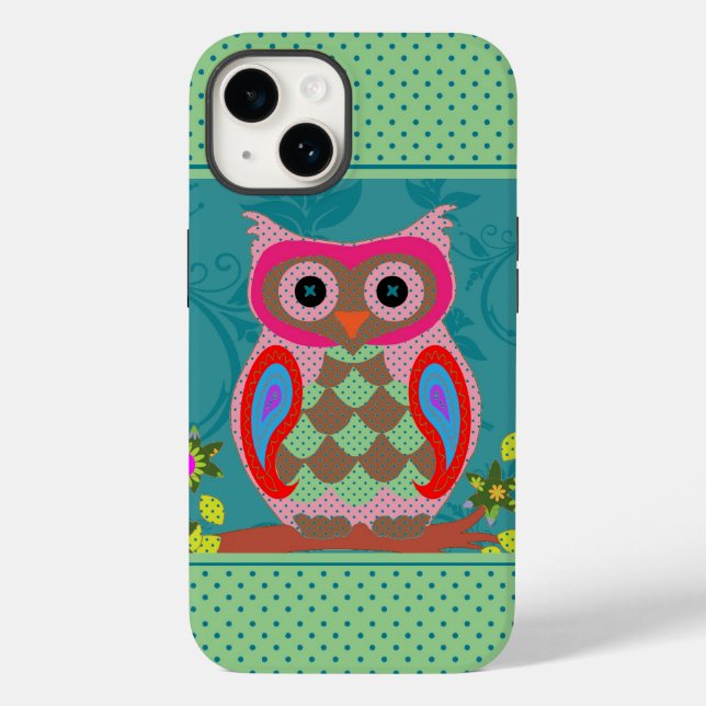 Farbenfrohe Patchwork Folk Art Owl and Dots Case-Mate iPhone Hülle (Rückseite)