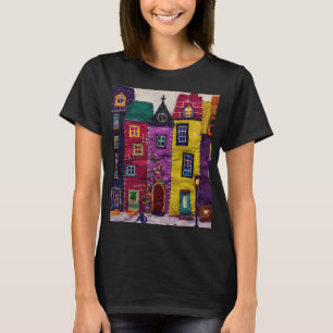 Farbenfrohe Patchwork-Häuser Textilkunst T-Shirt