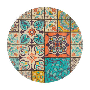 Farbenfrohe Patchwork-Islam-Majolika-Kachel Schneidebrett