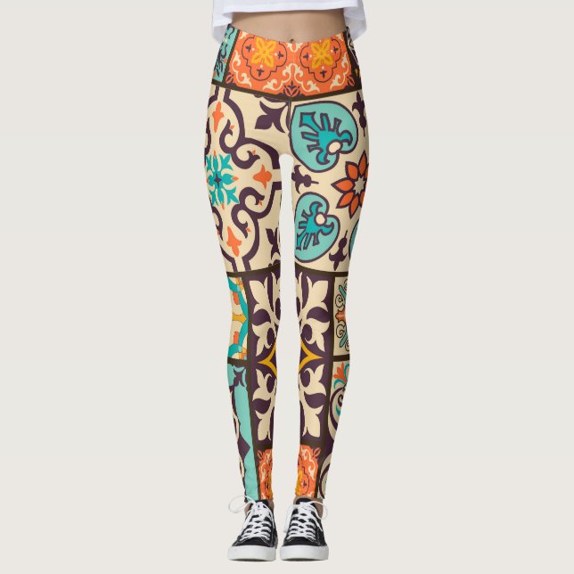 Farbenfrohe Patchwork Islam Motifs Tile Leggings (Vorderseite)