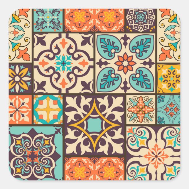Farbenfrohe Patchwork Islam Motifs Tile Quadratischer Aufkleber (Vorderseite)