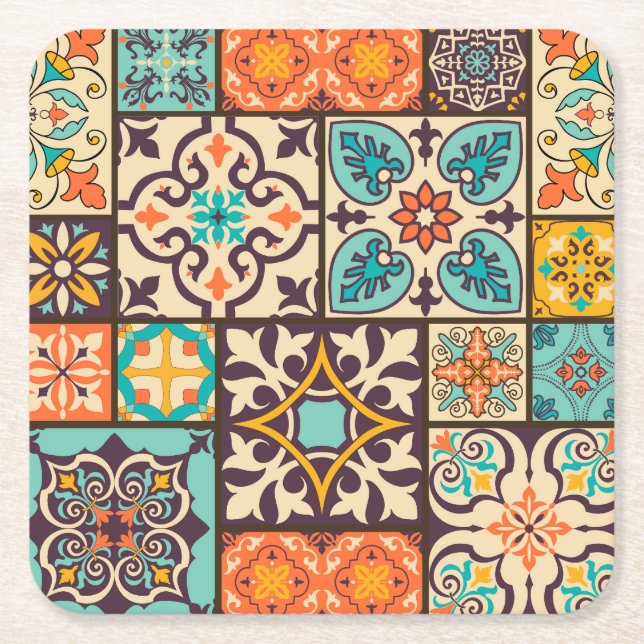 Farbenfrohe Patchwork Islam Motifs Tile Rechteckiger Pappuntersetzer (Vorderseite)