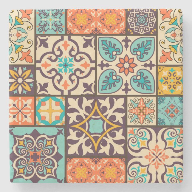 Farbenfrohe Patchwork Islam Motifs Tile Steinuntersetzer (Vorderseite)