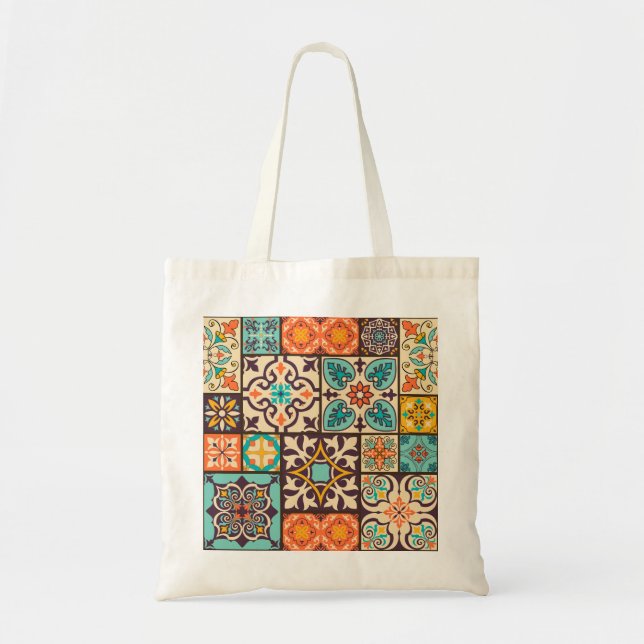 Farbenfrohe Patchwork Islam Motifs Tile Tragetasche (Vorne)