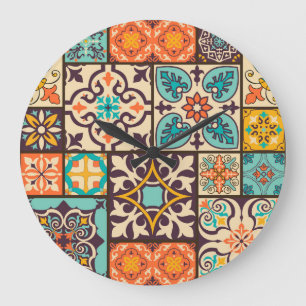 Farbenfrohe Patchwork-Islam-Motive Kachel Große Wanduhr