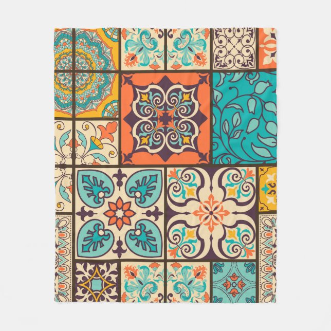 Farbenfrohe Patchwork Islamische Majolika Fleecedecke (Vorderseite)