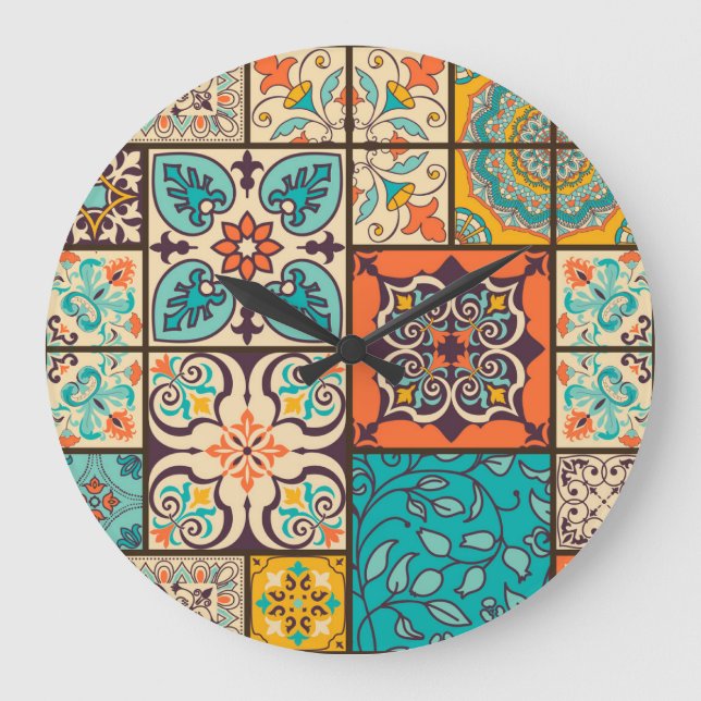 Farbenfrohe Patchwork Islamische Majolika Große Wanduhr (Vorderseite)