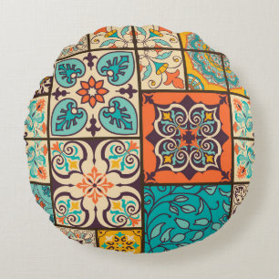 Farbenfrohe Patchwork Islamische Majolika Rundes Kissen