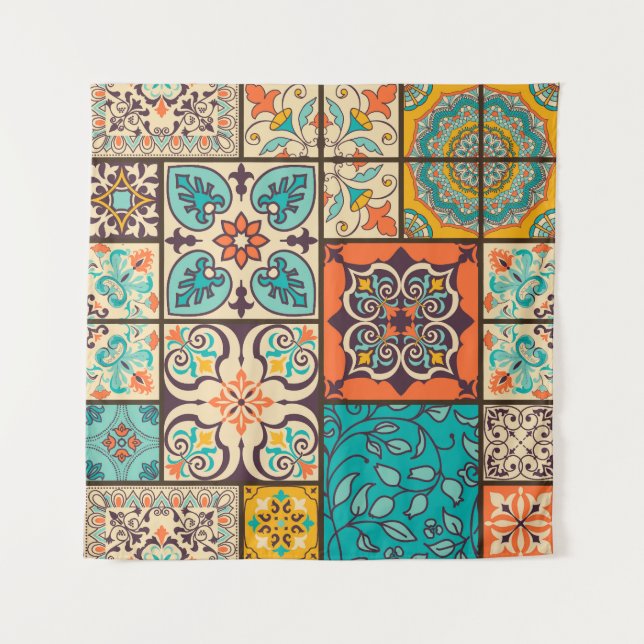 Farbenfrohe Patchwork Islamische Majolika Wandteppich (Vorderseite)