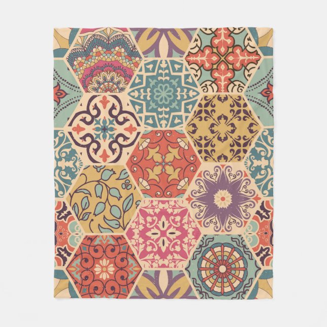Farbenfrohe Patchwork-Kachel Islamische Motive Fleecedecke (Vorderseite)