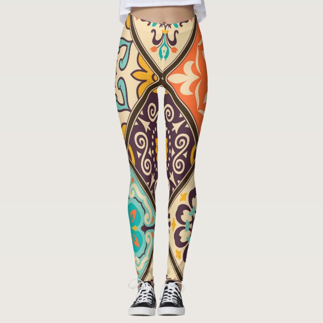 Farbenfrohe Patchwork: Majolica Fliesendesign Leggings (Vorderseite)