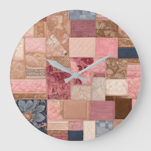 Farbenfrohe Patchwork Quilt Art Clock Große Wanduhr (Vorderseite)