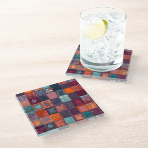 Farbenfrohe Patchwork Quilt Art Glass Untersetzer
