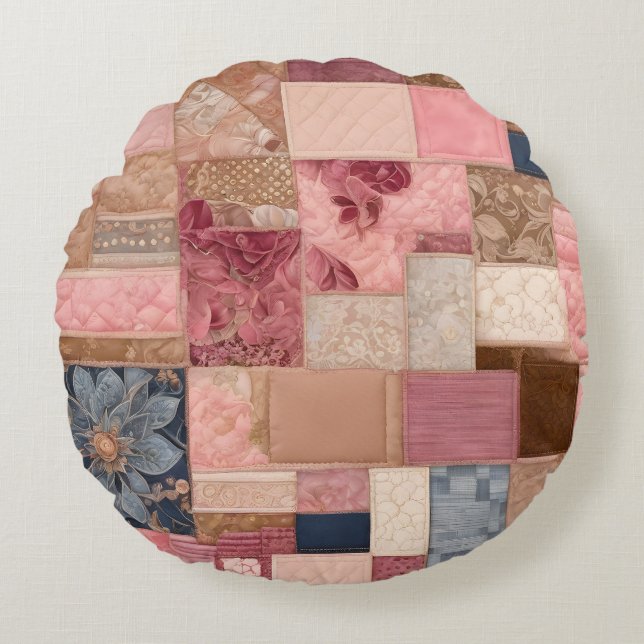 Farbenfrohe Patchwork Quilt Art Round Throw Kissen (Vorderseite)