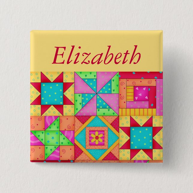 Farbenfrohe Patchwork Quilt Block Art Name Abzeich Button (Vorderseite)