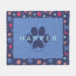 Farbenfrohe Paw Prints Personalisierte blaue Navy  Fleecedecke