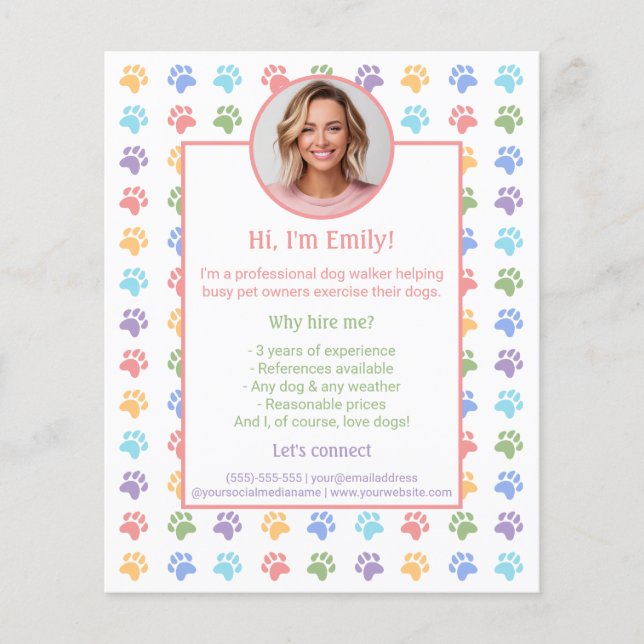 Farbenfrohe Paws Custom Foto Dog Walker Services Flyer (Vorne)