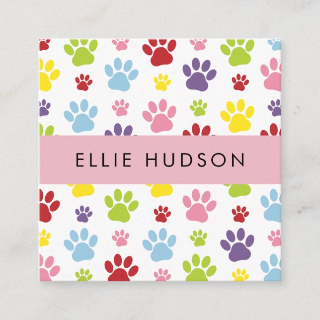 Farbenfrohe Paws, Hundehaufen, Hundewanderer, Pet  Quadratische Visitenkarte (Vorderseite)