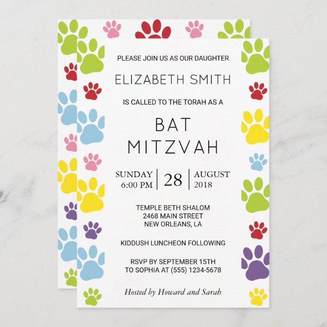 Farbenfrohe Paws, Paw-Muster, Hundepaws, Bat Mitzv Einladung (Vorne/Hinten)