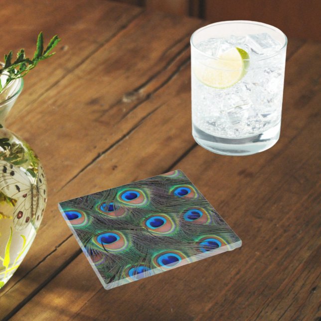 Farbenfrohe Peacock Feather Eyespot Muster Glasuntersetzer (In Situ Glass)
