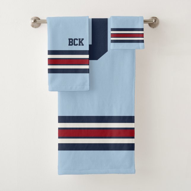 Farbenfrohe Personalisierte Eishockey Blaues Shirt Badhandtuch Set (Insitu)