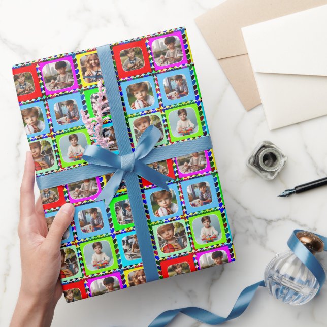 Farbenfrohe Personalisierte neun Fotos, Herzmuster Geschenkpapier (Schenken)
