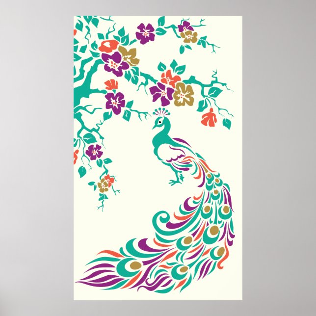 Farbenfrohe Pfau- und Kirschblütenposter Poster (Vorne)