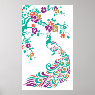 Farbenfrohe Pfau- und Kirschblütenposter Poster