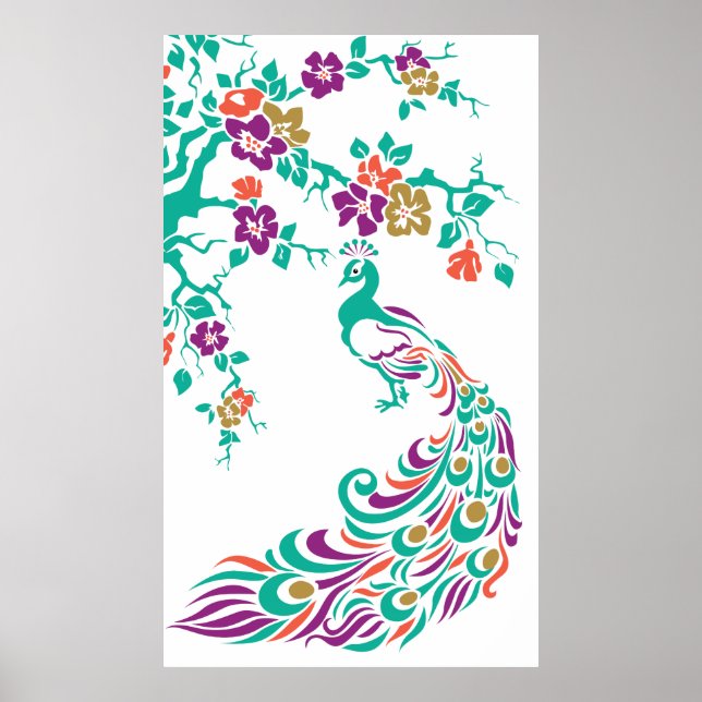 Farbenfrohe Pfau- und Kirschblütenposter Poster (Vorne)